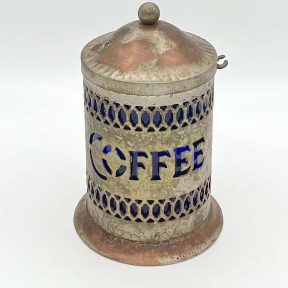 Unbranded Other - Vintage 50s MCM Silverplate & Cobalt Blue Liner Coffee Canister Art Deco Moorish
